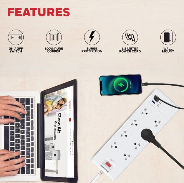 รางปลั๊กไฟ 8 ช่อง HONEYWELL รุ่น HC000053 ป้องกันไฟกระชาก 1.8 เมตร (USB-A 2 ช่อง , USB-C 1 ช่อง)_3